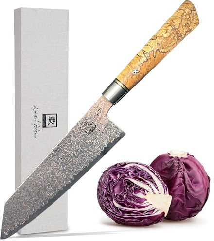 zayiko Limited Edition Kupfer Damast Chefmesser Kiritsuke I 20 cm Klinge gefertigt aus 37 Lagen Damaststahl mit edler Kupfertextur und Ahornholzgriff I Edles Damastmesser und Profi Küchenmesser