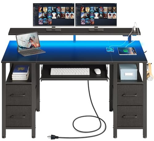 Seventable Gaming Schreibtisch mit Schubladen, Computertisch mit LED, Stromsteckdosen & USB-Ports, Gaming Tisch mit Tastaturablage & Monitorständer für Büro, Wohnzimmer(schwarz 120x47x88cm)