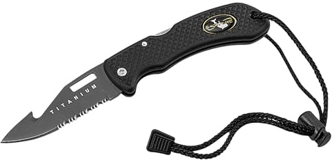 Saekodive Nami Folding Knife - Wrist Lanyard, Saltwater Resistant - Scuba Diving, Spearfishing, Fishing, Hunting, Camping Gear (Black/Titanium)