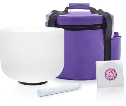 KVKA Cuenco tibetano de cristal de 432 Hz, cuenco blanco esmerilado de 8 pulgadas, cuarzo curativo de sonido de chakra con junta tórica, mazo, funda de transporte (chakra corona nota B)