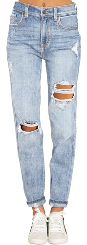 Roskiky Jean boyfriend stretch, jean élastique pour femme, jean taille haute déchiré, jean délavé, jean mom, pantalon slim en denim, M