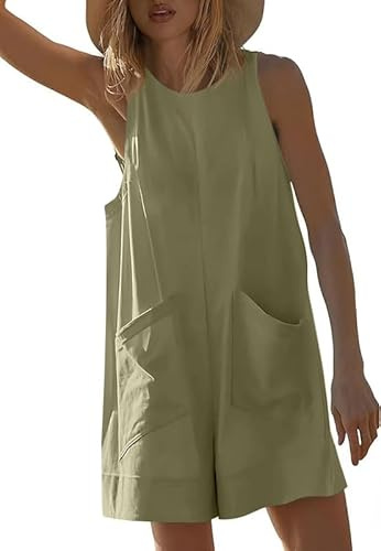 Haibang Mono Mujer Verano Corto Sin Mangas Cuello Redondo Peto Mujer Verano Casual Sueltos Jumpsuit Elegante Monos de Mujer Cortos Una Pieza Mono Pantalon con Bolsillos Informal Playa Playsuit