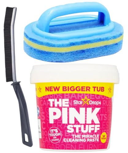 Pink Miracle cleaning paste 850g, paired with hand held cleaning sponge brush and hard bristle crevice brush for those hard to reach places of corners in home, bathroom grout and kitchen.