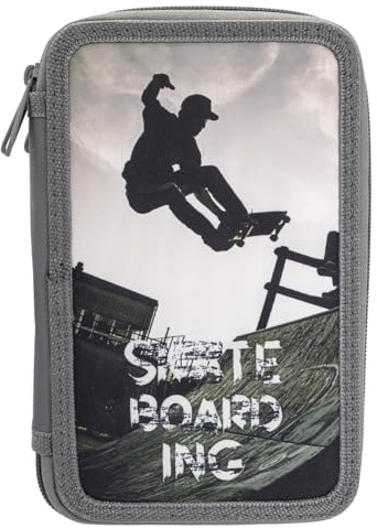 Idena 20123 - Federmappe Triple mit 3 Reißverschluss-Fächern, Design Skateboard, gefülltes Federmäppchen mit 47 Teilen