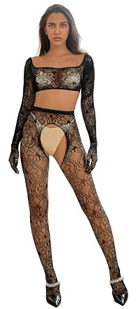 Walang Conjunto de lencería sexy para mujer con red de pesca, sin vientre, tallas grandes, ropa de manga larga, guantes de manga larga transparente + medias de malla, Negro , XS-XXL