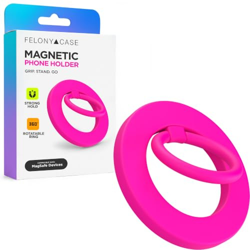 FELONY CASE - Neon Pink Ring Grip and Stand - Version 2.0 - Improved Stronger Magnet, Magnetic Phone Ring Holder for MagSafe Compatible iPhone 17,16, 15, 14, 13, 12, Pro Max, Air - Drop Protection