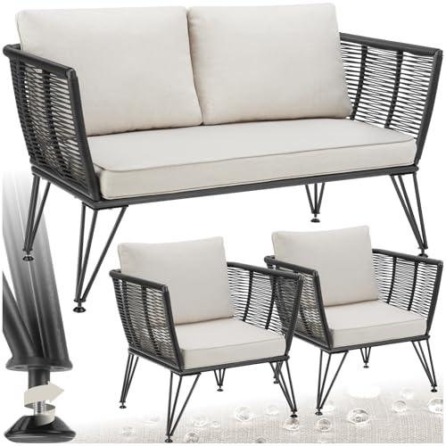 tectake® Rattan Lounge Set, mit Sofa und 2er Set Outdoor Sessel, Lounge Möbel Outdoor, Balkon Möbel, Outdoor Möbel, Rattan Gartenmöbel, Outdoor Kissen wetterfest, Wintergarten Balkon Sitzmöbel