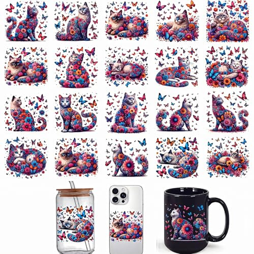 20pcs Cat Butterfly Flower UV DTF Cup Wraps Transfer Waterproof Sticker for Glass Cups Furniture Craft DIY Crafts，Rub on Transfer Stickers for DIY Water Bottle Laptop Decal Wood Car