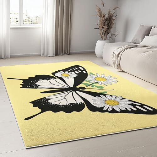 Gelb Teppich Schmetterling Chrysantheme gelb 140x200 cm Wohnzimmer Rutschfester Weicher Kurzflor-Teppich Muster Boden Dekoration Schlafzimmer Bodenmatte