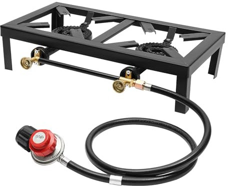 Fornello a gas da campeggio, 2 fuochi per barbecue all'aperto, 8000 W, in ghisa commerciale con calore regolabile e tubo regolatore