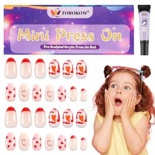TOROKOM Faux Ongles pour Filles avec Colle – 26 Pièces Ongles Press-On Courts pour Enfants – Manucure Complète pour Anniversaire, Fête, Noël (Nude&Red Français)
