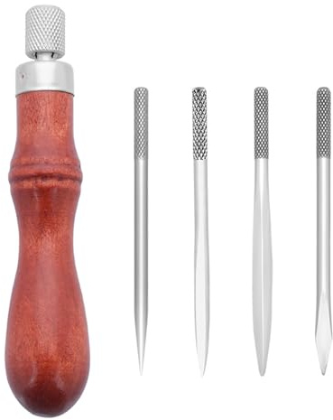 Uitndvyte Punteruolo 4 in 1 con manico in legno per cuciture in pelle, punteruolo per cucito fatto a mano in pelle, strumento per il cucito e la riparazione