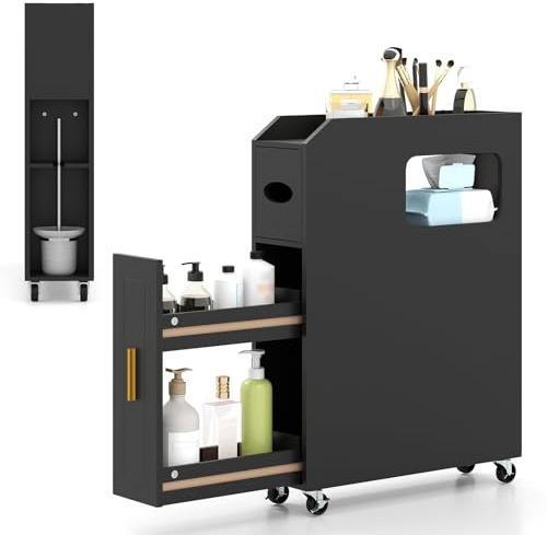 COSTWAY Credenza da Bagno Piccolo, Mobile Salvaspazio Stretto e Slim con Cassetto Scorrevole, Porta Fazzoletti, Portascopino e Ruote Bloccabile, Armadietto per Spazi Ridotti (Nero)