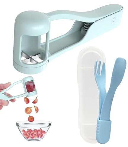 Grape Cutter for Toddlers,2Pcs Grape Cutter, Stainless Steel Fruit Slicer,Spoon, Fork,Quick & Safe Kitchen Tool to Quarter Grapes, Cherry Tomatoes, Strawberries & Olives with Non-Slip Handle