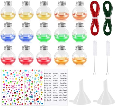 Agoer 15 Bolas de Navidad para Bebidas alcohólicas, Bolas de plástico Transparente de 50 ml con Tapa de Rosca, calcomanías, Cintas, Bolas Colgantes extraíbles para decoración de árboles, Bodas y