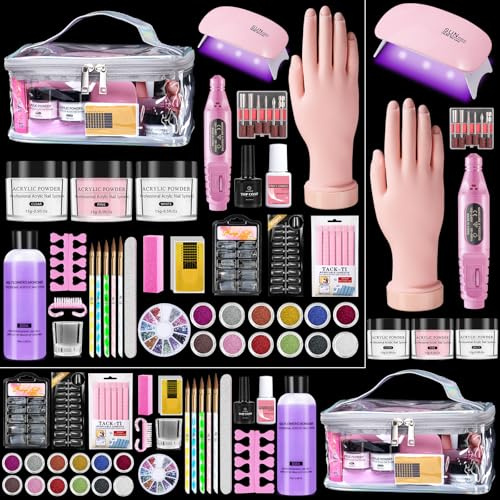 Yokilly Kit Ongle Acrylique Complet En Gel: Kit D'ongles en Acrylique pour Débutants avec Main D'entrainement Manucure UV Lampe Ponceuse Pour Ongles - Manucure Gel Kit avec Sac Argentée