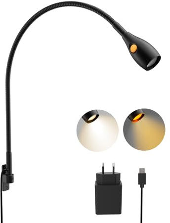 acegoo Lampada da lettura da parete, metallo luce da comodino libro dimmerabile 3000K/ambra, testa della lampada girevole, con interruttore flessibile collo d'oca nero (1 pack)