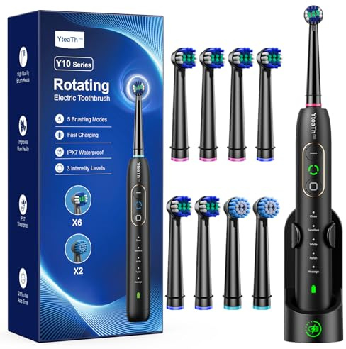 Rotating Electric Toothbrush with 8 Brush Heads for Adults and Kids, 3 Intensities 5 Modes, Wireless Wall Charging Station, Sonic Toothbrush with 2-Minute Smart Timer (Black)