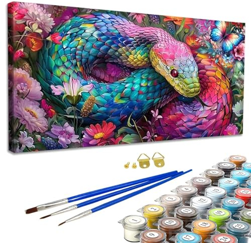 JATOK Paint by Numbers for Adults, Snake, 90 x 40 cm, Unframed | Large rolled coloured pre-printed canvas, acrylic painting kit, beginner DIY craft, unframed wall décor, snake design