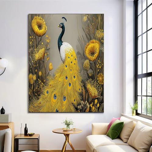 GDJSMIN Bild auf Leinwand Groß 60×80 cm Schlafzimmer Bilder Badezimmer Wand Deko Wohnzimmer Modern Wanddeko Bilderwand Geschenk Fantasie Tier Ölgemälde - Luxus Gelb Pfau