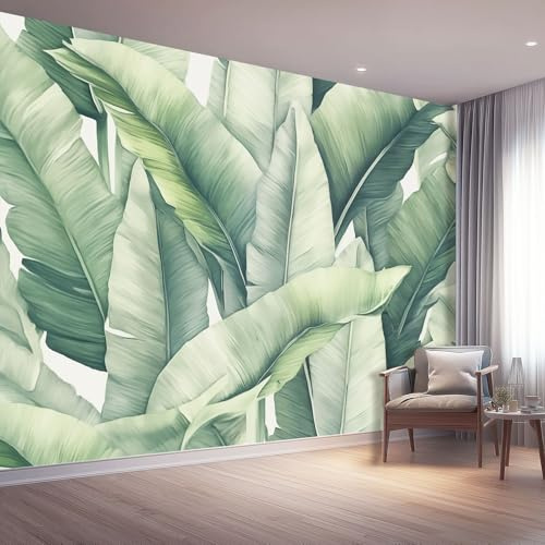 Carta da Parati Murale 200 x 140 cm, Acquerello Foglie di banano Texture Murales da Parete, Verde Bianco Murales Fotografici 3D per Casa Camera da Letto, Sfondo Carta da Parati Fotografica