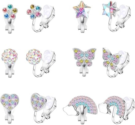 yolzhxe 6 Paires Boucles D'oreilles à Clip pour Enfants, Contient Cœur, étoile, Boule de Cristal, Fleur, Papillon et Arc-en-ciel D'oreilles Clip, pour Fille Enfant Cadeaux D'anniversaire