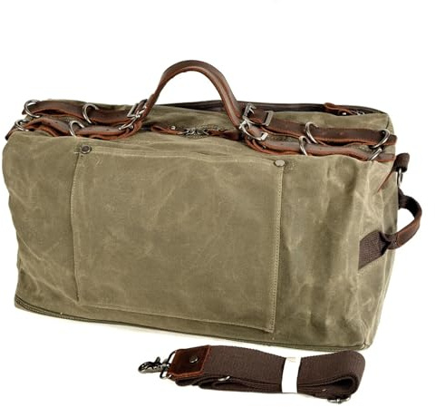 Große Weekender echt Leder Große Kapazität wasserdichte Canvas Leder Männer Frauen Reise Handtasche Laptop Tasche Fitness Gepäck Wochenendausflug Umhängetasche(Green)