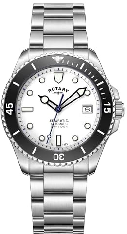 Rotary Seamatic Herren-Armbanduhr, 300 m wasserdicht, weißes Zifferblatt, Edelstahl-Armband