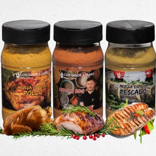 CON SABOR A HUMO Pack Especias Barbacoa, 3 Mezclas Artesanales, 170g x 3, Rub BBQ, Especias para Pescado y Pollo, 500g Total