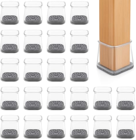 KAIYAYA Gommini per Sedie Quadrati,24 Pezzi Trasparenti Silicone con Feltro,Elastiche Protezione Feltrini per gambe di Piedini Sedie per pavimenti in Legno (Fit 26-38 mm)