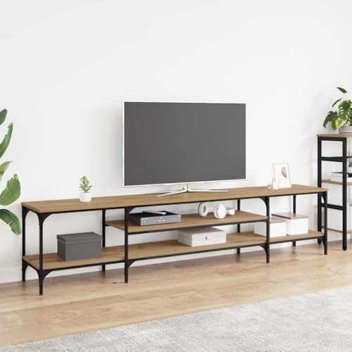 QJBSAVVA TV-Schrank Artisan-Eiche 201 x 35 x 45 cm aus Verbundholz und Eisen mit 3 Regalen Rustikales Lowboard Moderner Fernsehtisch für Wohnzimmer Esszimmer Flur