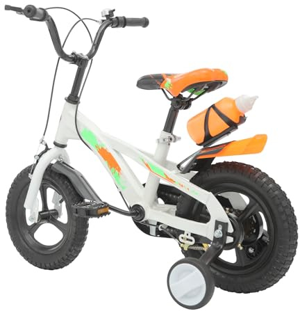 Mqwdxzfes Färgglad 12 tums barncykel med stödhjul och drickflaska, justerbar höjd barncykel med drickflaska, uppgraderad barncykel för pojkar, flickor, ålder 2–5 år (vit)