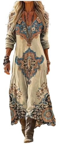 Mfhmom Vestito Lungo Donna Estivo Lino Cotone Manica 3/4 Scollo a V Stile Boho Hippie Vintage Abito Maxi Etnico Geometrico Caftano da Spiaggia Mare Casual Largo Taglie Forti Comodo Vacanza