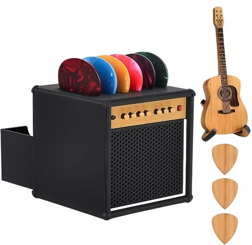 Vesavifaka Plektrumhållare gitarr plektrumlåda med stativ, gitarr stil skjutbar låda högtalare stil - 3 stycken trä 6 st celluloidgitarrplektrum, musikpresent för e-bas gitarrälskare
