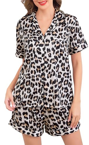 Sopesil Pigiama Donna Estivo Aperto Davanti Set 2 Pezzi in Raso con Scollo a V Completo Elegante e Comodo a Maniche Corte con Tasche e Stampa Delicat Stampa Leopardata,M