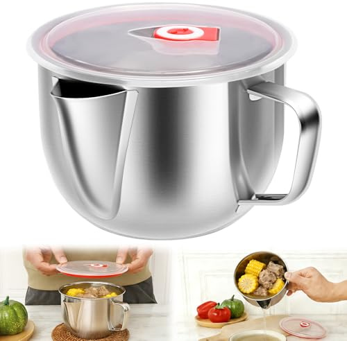 Fat Separator Jug, Gravy Fat Separator, Stainless Steel Filter Strainer Bowl Container, Gravy Oil Soup Grease Oiler Kitchen Cooking Tools for Broth Stew and Hot Pot(Silver)