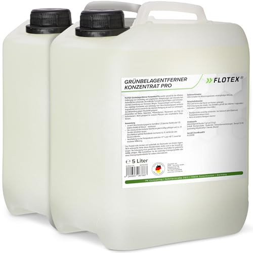 FLOTEX Grünbelagentferner Konzentrat Pro 2x5 Liter | Moosentferner entfernt Flechten, Algen & Grünspan | Steinreiniger Intensiv Aussen für Pflastersteine, Terrasse & Beton