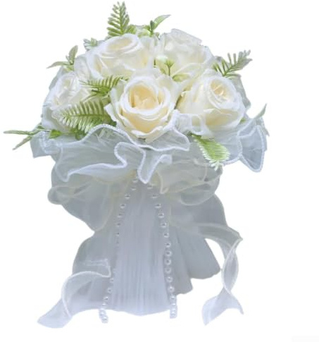 Elegant pärlutsmyckad konstgjord rosbukett för utomhus bröllop brud handhållet arrangemang med verklighetstrogna silkesrosor (ljusvit)