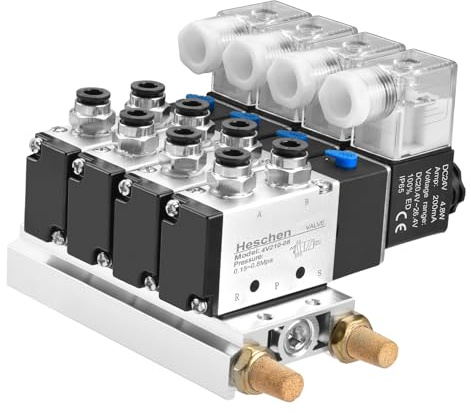 Heschen 4V210-08 Pneumatischer 4-Stationen-Magnetventil-Verteiler DC24V 5/2 | 5-Wege-2-Position, PT1/4-Anschlüsse, inklusive Schalldämpfer und Schnellrohrverschraubungen, Basismontage aus