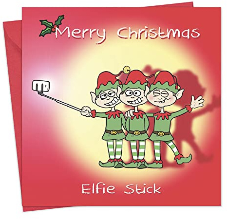 twizler Merry Christmas Karte mit Elfen und Selfie Stick – Happy Weihnachten – XMAS Karte – Funny Christmas Card – Damen Weihnachten – Herren Weihnachten Karte – Buchse – Stecker Weihnachten Karte