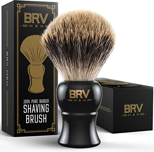 BRV MEN Brocha De Afeitar Grande - Pelo De Tejón Puro - Brocha De Tejón - Abundante Espuma - Brocha De Afeitar - Usar Con Doble - Cerdas De Tejón Genuinas - Negro