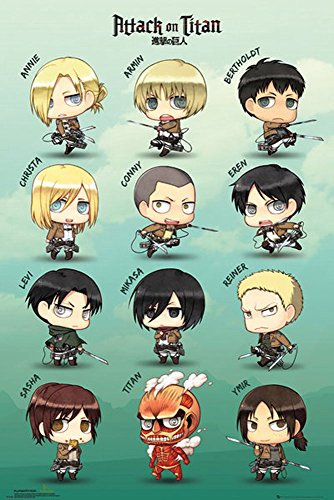 empireposter Attack on Titan - Chibi Characters - Manga Anime Angriff auf die Titanen Poster Plakat Druck - Größe 61x91,5 cm + 2 St Posterleisten Alu 63 cm