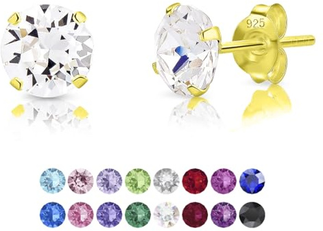 Pendientes Brillantes - Pendientes Pequeños - Pendientes Mujer Plata de Ley 925 Chapados en Oro Amarillo con Cristales Swarovski® 6 mm - Pendientes Oro - Pendientes Diamante