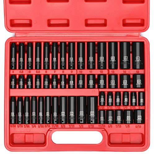 MIXPOWER 50 Pieces 1/4 Dr. Impact Socket Set, CR-V, 6 Point, SAE/Metric, 5/32 Inch - 9/16 Inch, 4mm - 15mm, Shallow/Deep