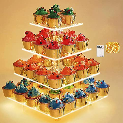 Dasing 4 Tier LED Acrylic Cupcake Stand with LED string, Clear Square Cake Display for Weddings Birthdays Durable Dessert Table Centerpiece Cake Stand Dessert Serving Cupcake Tower