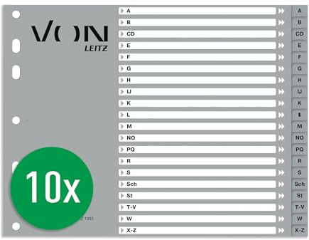 VON Leitz 10er Pack Alphabet-Register A-Z für Ordner, A4, PP-Karton, Halbe Höhe, Extra breit, 11-Loch-Universalregister, alphabetische Trennblätter, Grau, 13030085