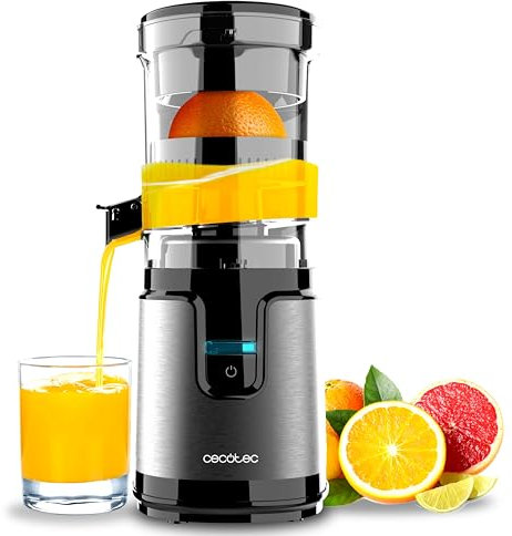 Cecotec Exprimidor de Naranjas Eléctrico de Torre Essential TowerAdjust Easy Steel. 140W, Capacidad de 0,35L, Incluye un Filtro y un Cono de Plástico, Única Dirección de Rotación, Desmontable