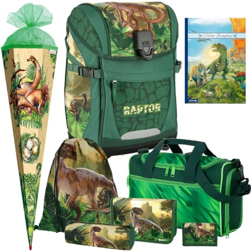 Generisch RAPTOR - T-Rex - Dino SPIRIT Smart Light Schulranzen-Set mit BLINKENDEM LED-Schloss 8teilig mit Sporttasche und Schultüte - Zeugnismappe Gratis