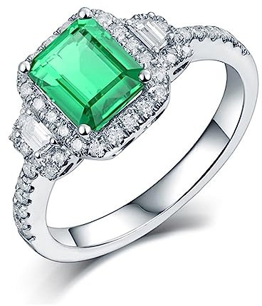 Diamant Ring, Eheringe 750 Gold 18 Karat Weißgold Smaragd 2.15ct Luxuriöser, Rechteckiger Halo Aus Smaragddiamanten Damen Schmuck Größe 47 (15.0)