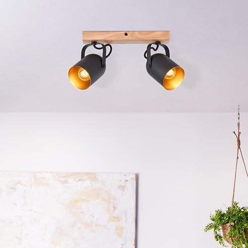 Lightbox 2 flammige Spotbalken - Glamour Decken Strahler mit schwenkbaren Köpfen - 38 cm Länge - E14 Fassung - max. 28 W - aus Metall/Holz ist aus dem Kautschukbaum - in Goldfarben/Schwarz/Braun